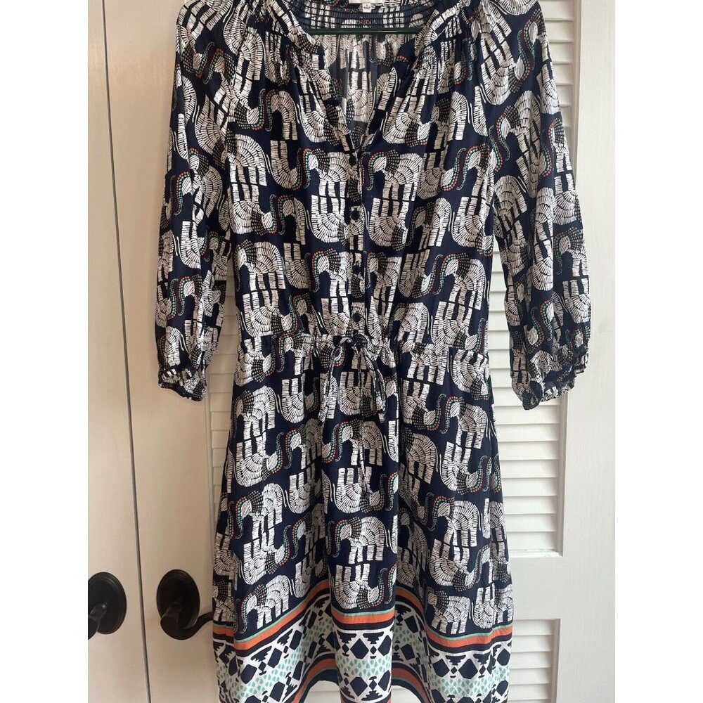 Crown & Ivy Elephant Print Dress Women’s 4 Navy White Boho Tunic 3/4 Sleeve